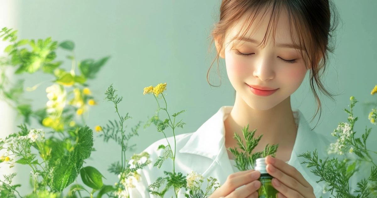 Calm young woman holding a green essential oil bottle among plants and yellow wildflowers, representing Female Bioidentical Hormone Therapy in Powell, WY.