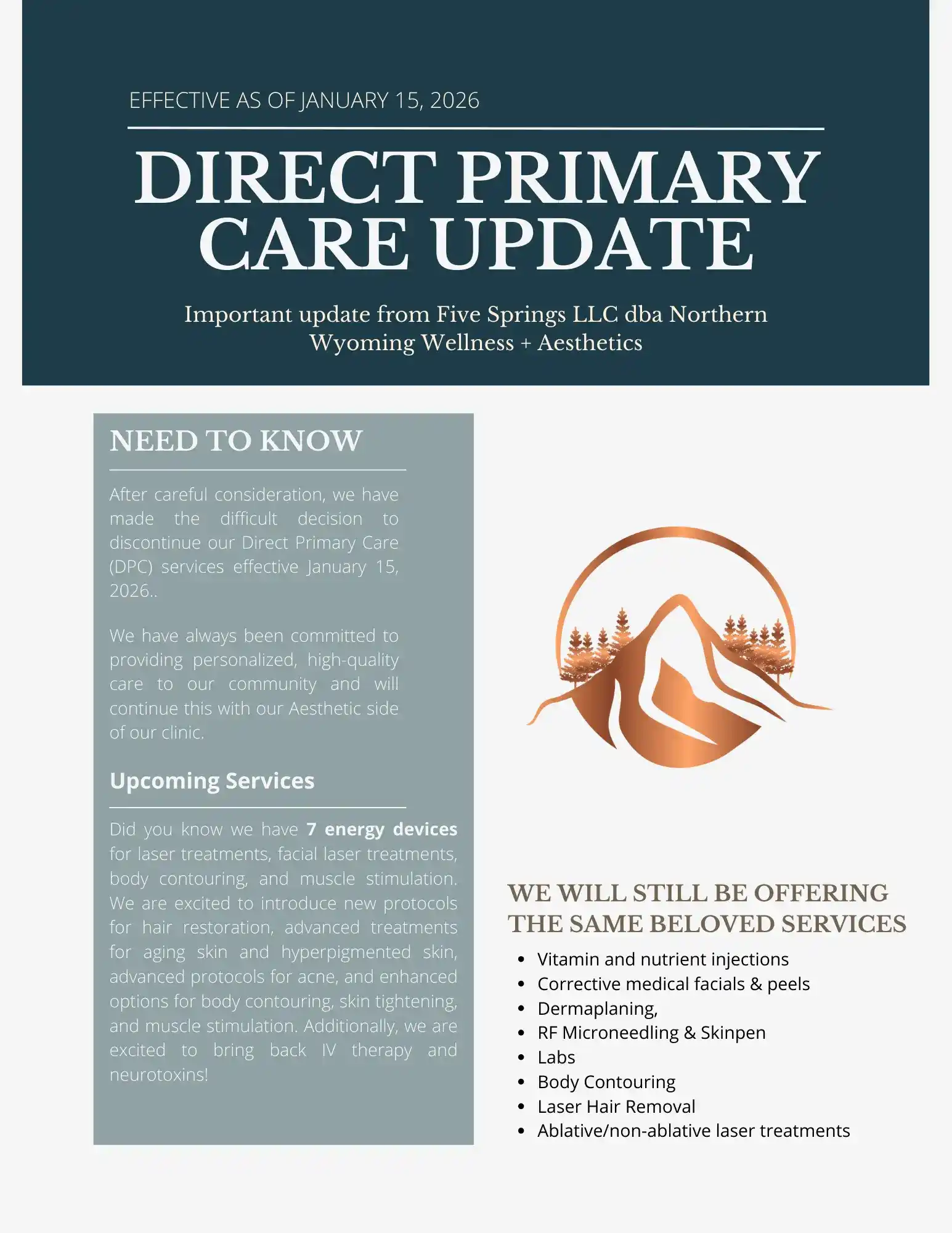 Direct Primary Care update from Northern Wyoming Wellness and Aesthetics in Wyoming