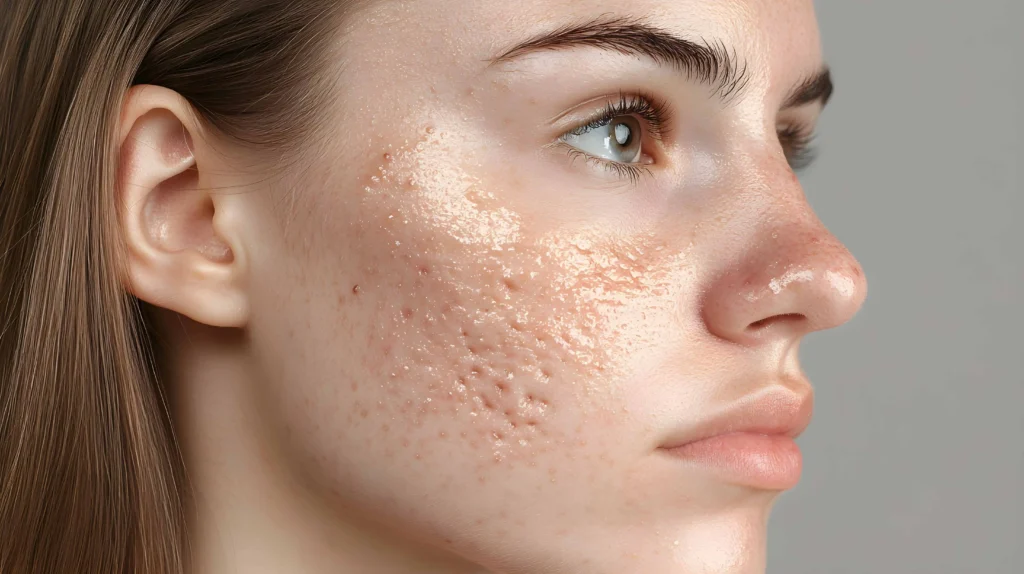 Close-up of a woman’s cheek showing acne scarring and uneven texture, promoting acne scar treatment options in Powell, WY.