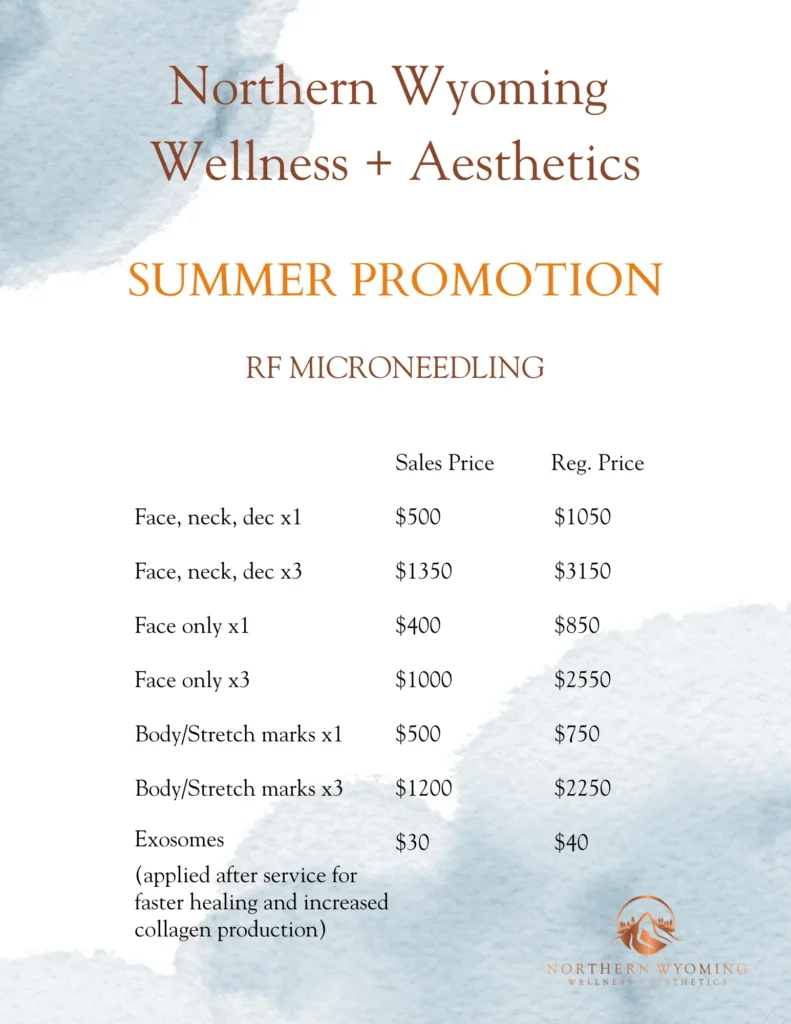 Summer RF Microneedling promotional price list from a wellness clinic in Powell, WY.