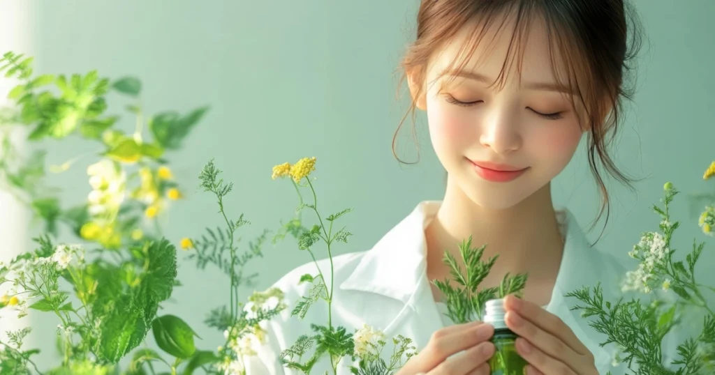 Calm young woman holding a green essential oil bottle among plants and yellow wildflowers, representing Female Bioidentical Hormone Therapy in Powell, WY.